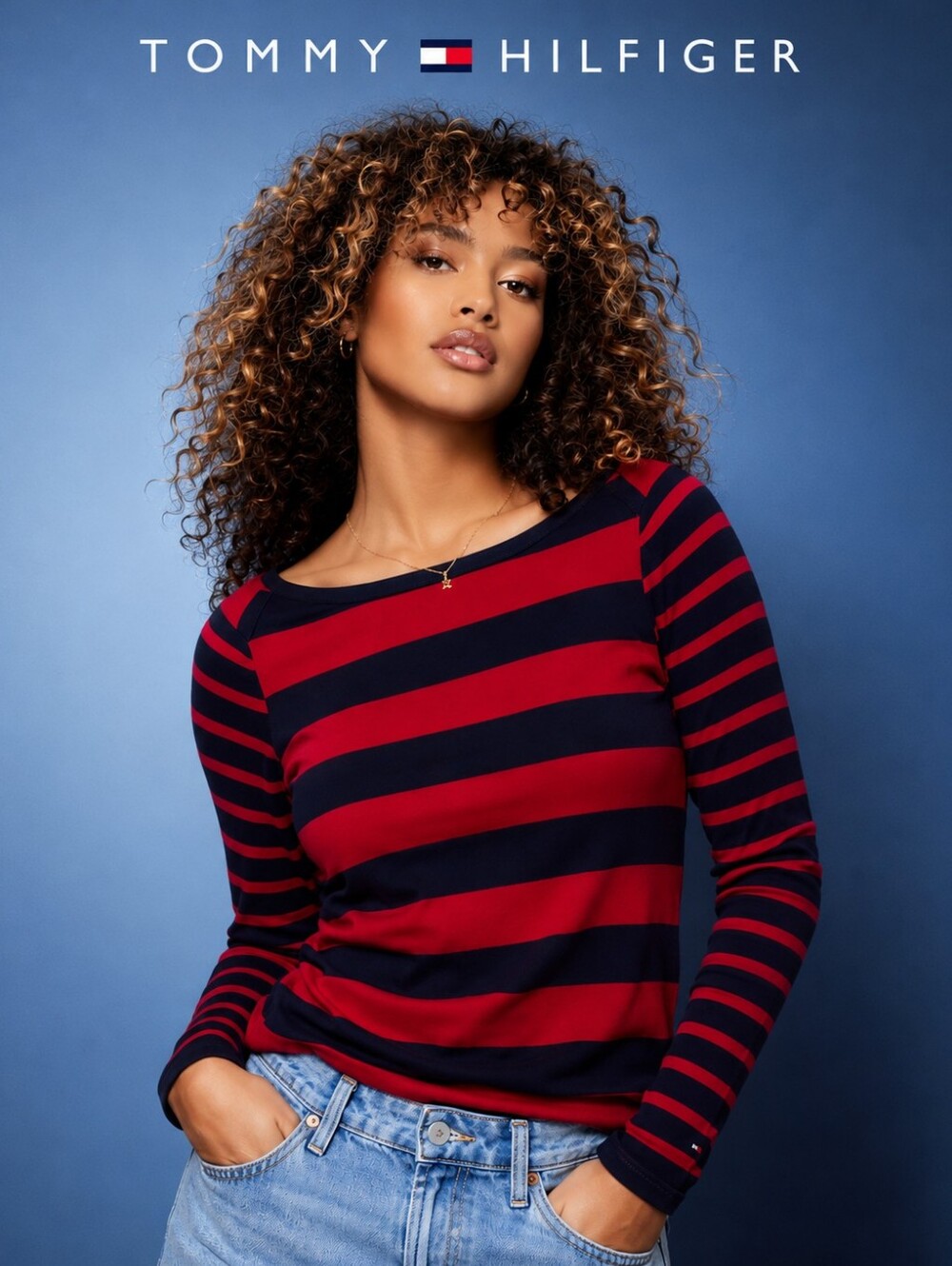 TOMMY HILFIGER Women’s Medium Red Navy Striped Long Sleeve Boat Neck Top